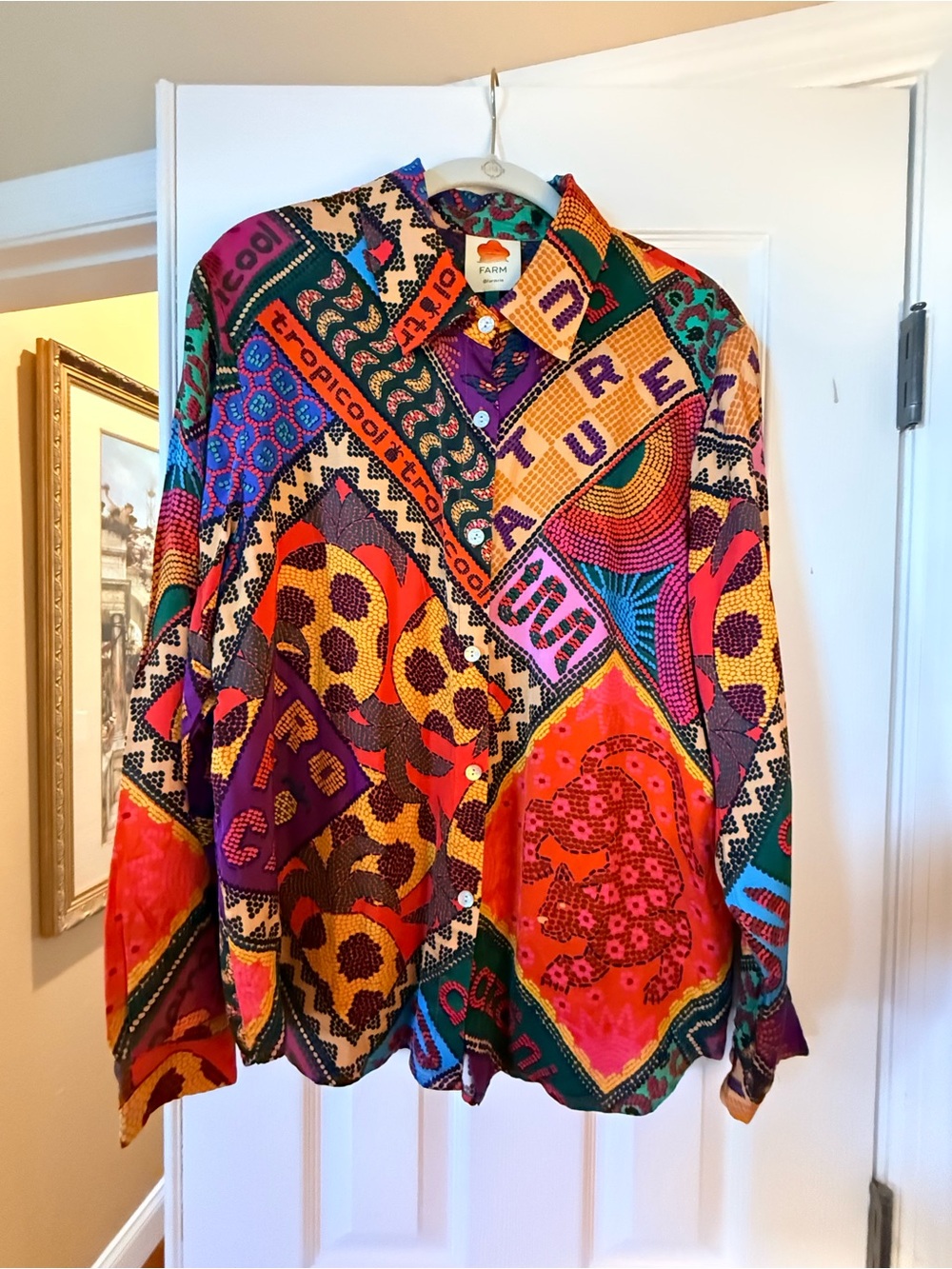 FARM Rio Orange Pink Purple Green Graphic Patchwork Button-Up Blouse